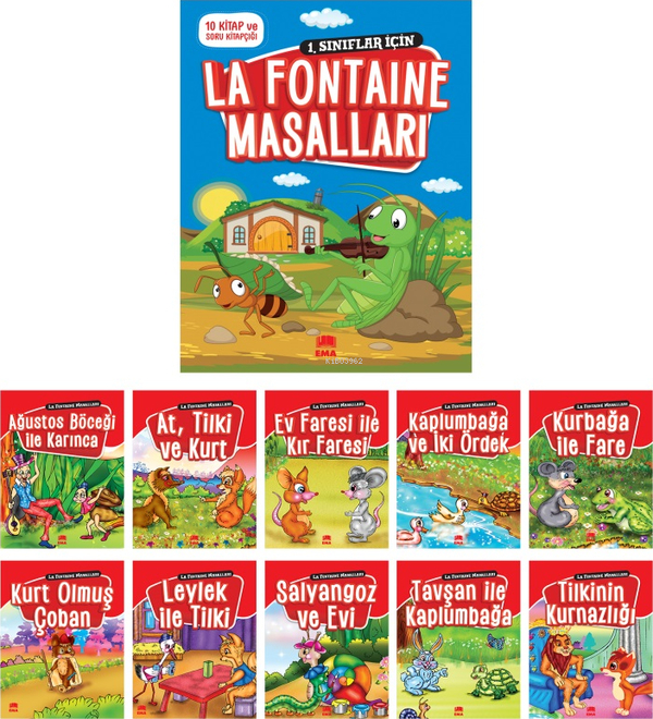 La Fontaine Masalları(10 Kitap+Soru Kitapçığı); 1. ve 2. Sınıflar İçin Eğik El Yazılı